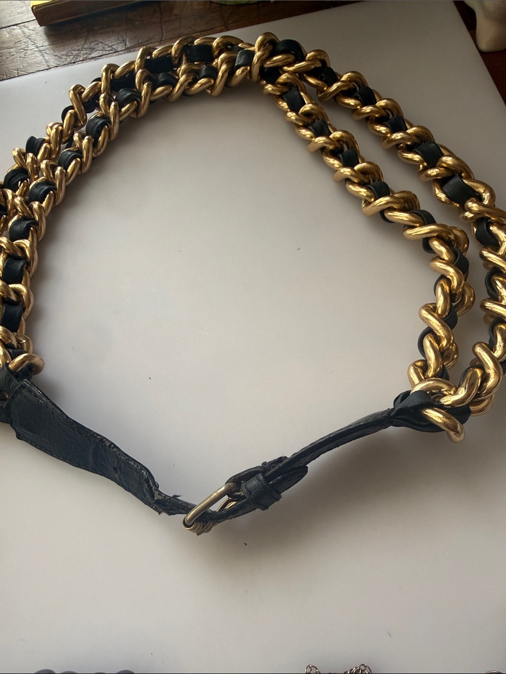 Made in Italy Neiman Marcus Gold-Tone Chain with Black Leather Weave Strap Belt